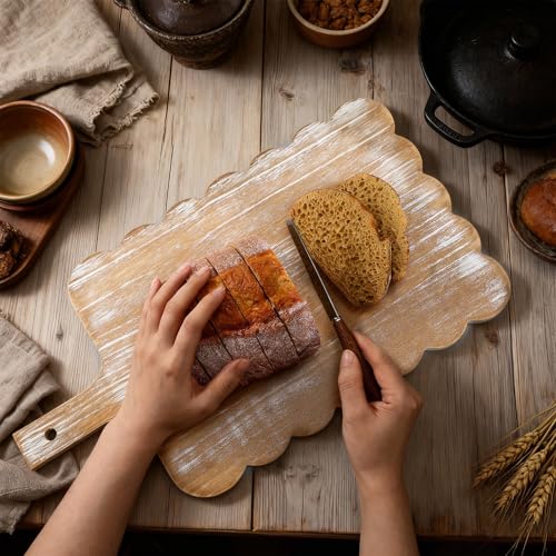 Sintuff Large Acacia Wood Scallop Cutting Board 18 x 10 Wooden Dinner Plate Scalloped Wood Tray Decorative Pastry Dishes for Kitchen Cake Bread Baking Cheese Display
