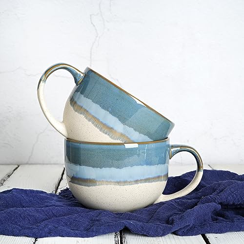 Bosmarlin Ceramic Jumbo Coffee Mug Set of 2, 23 Oz, Large Mug Soup Bowls with Handles, Dishwasher and Microwave Safe (Blue) - color: Blue
