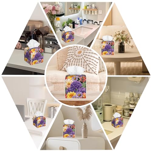 Hydrangea and Dahlia Flower Tissue Box Cover Square, Daisy Tissue Box Holder with Bottom Belt Leather Facial Paper Organizer Dispenser for Bathroom Bedroom Dresser Night Stand Tabletop - color: Hydrangea and Dahlia Flower
