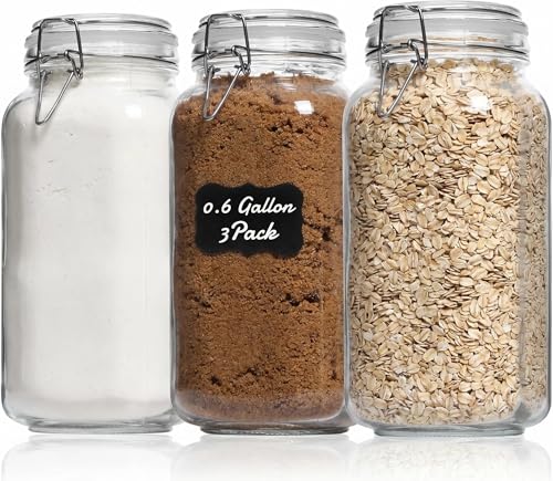 78oz Large Square Airtight Glass Jars with Lids, Wide Mouth Food Storage Canisters, Hold 4lb Sugar or 5lb Rice, Heavy Duty Pantry Containers for Flour, Coffee, Bulk Storage - size: 78 fl oz x 3 - Square