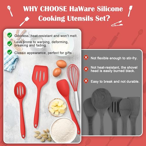 HaWare Kitchen Utensils, 14 PCS Silicone Cooking Utensils Set, Heat Resistant Kitchen Utensils for Non-stick Cookware, Kitchen Gadgets Tools with Spoons, Spatulas, Whisk, Dishwasher Safe (Red) - color: Red