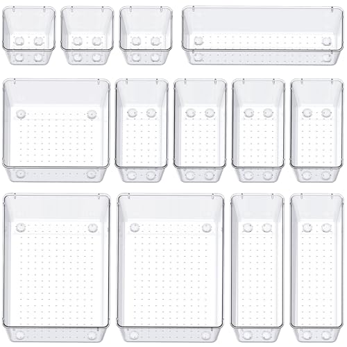 SMARTAKE 13-Piece Drawer Organizers with Non-Slip Silicone Pads, 5-Size | Clear Desk Bathroom Drawer Organizer Trays Storage Tray for Makeup, Jewelry, Utensils in Bedroom Dresser, Office and Kitchen - size: 13 PCS