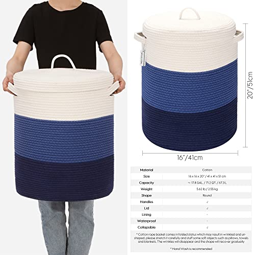 Sea Team Large Woven Cotton Rope Laundry Basket with Lid, 20 x 16 in | Collapsible Knitted Hamper with Handles, Lidded Closet Shelf Organizers for Clothing, Blankets, Toys, Bedding, Navy - color: White & Navy Blue