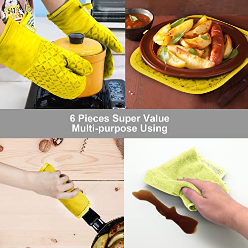 KEGOUU Oven Mitts and Pot Holders 6pcs Set, Kitchen Oven Glove High Heat Resistant 500 Degree Extra Long Oven Mitts and Potholder with Non-Slip Silicone Surface for Cooking (Yellow) - color: Yellow