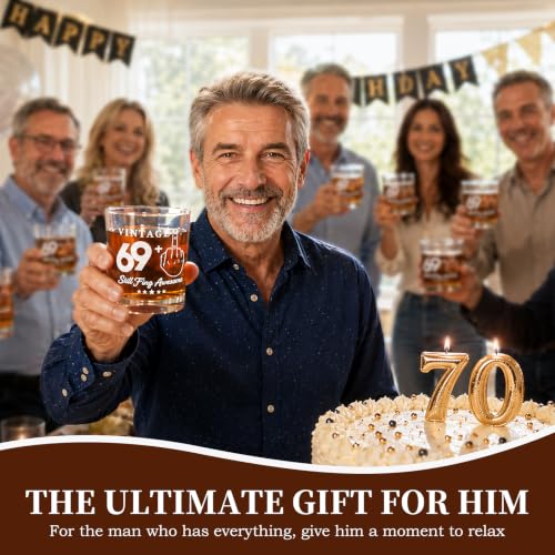 70th Birthday Gifts for Men, Funny Whiskey Glass Set with Vintage Wood Box | Includes Whiskey Stones, Tongs, Pipette &Greeting Card, 70 Year Old Birthday Party Supplies for Dad, Grandpa Who Loves Scotch - style: 70th Mens Gifts