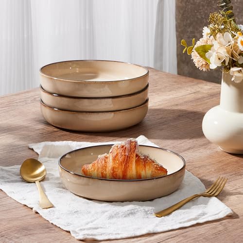 E-far Stoneware Pasta Bowls Set of 4, 35oz Double Reactive Glaze | Wide & Shallow Ceramic Pasta Plates for Serving Salad Soup Dinner, Dishwasher & Microwave Safe, Sandy Beige - color: Sandy Khaki