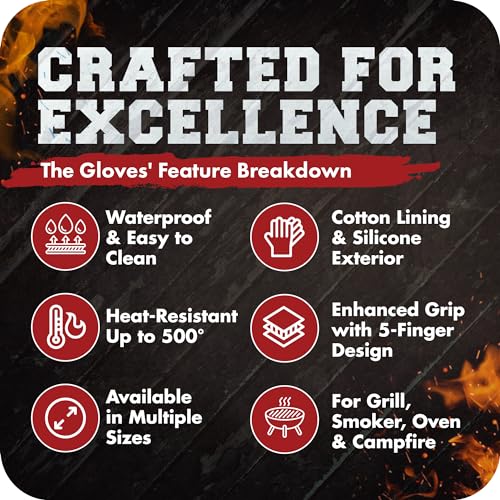 KITCHEN PERFECTION XL Silicone Smoker Oven Gloves-Extreme Heat Resistant BBQ Gloves-Handle Hot Food Right on Your Grill Fryer&Pit|Waterproof Grilling Cooking Baking Mitts|Superior Value Set+3 Bonuses | Waterproof, 5-Finger Design For A Better Grip, for Pi