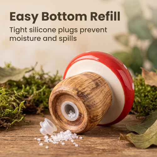 Mushroom Salt and Pepper Shakers Set Ceramic Red Toadstool Dispenser | 2-piece ceramic mushroom salt and pepper shakers with 3 and 2 top holes and silicone bottom stoppers for kitchen table decor.