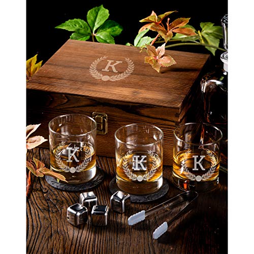 Personalized Whiskey Glasses Set in Wooden Gift Box - Includes 4 Scotch Glasses, 4 Natural Slate Coasters, 8 Chilling Stones & Tongs - Great Mens Home Bar Gift for Him, Husband, Dad