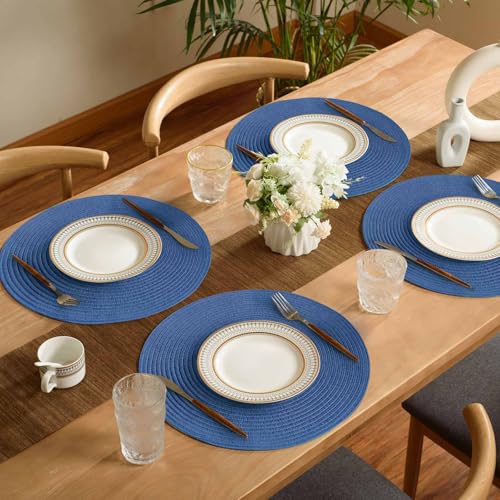 FunWheat Round Braided Placemats Set of 6 Place mats for Dining Tables Woven Heat Resistant Table Mats 15 inch (Blue,6pcs) - color: Solid Blue, size: 6pcs