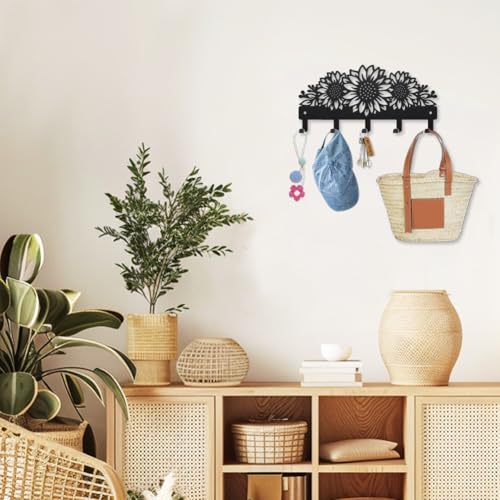 MAYJOYDIY Sunflower Metal Key Hook Flowers Leaves Coat Rack Wall Mounted 9.8×4.7inch Sunflower Plant Black Art Wall Decor Key Holder with 5 Hooks for Gift Coats Hats Towels Bags Hanging - style: Sunflower