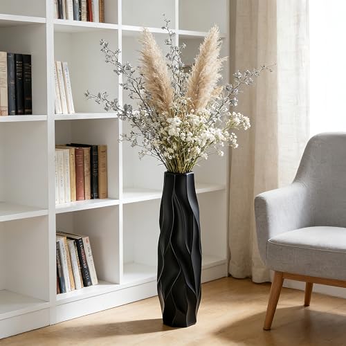Black Tall Ceramic Floor Vase, 24 Inch, Pleated Wave Design | Matte Finish, Living Room, Fireplace, Entryway, Pampas Grass - size: 24 Inch