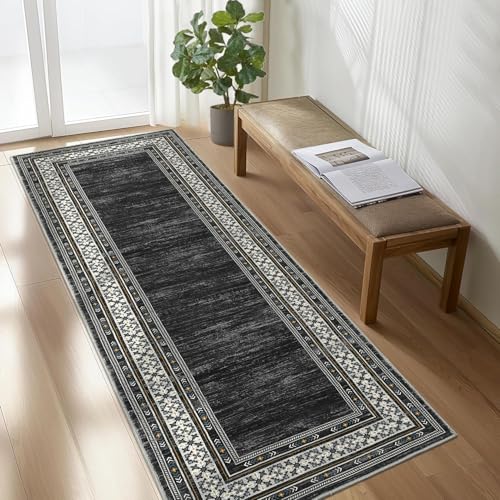 Modern 2x6 Rug Runners for Hallways Non Slip, Bordered Solid Washable Area Rug Stain Resistant Non Shedding Throw Rugs, Foldable Low Pile Thin Carpet for Entryway, Kitchen, Bedroom, Black | Solid Washable Low Pile Stain Resistant Non Shedding Foldable Thi