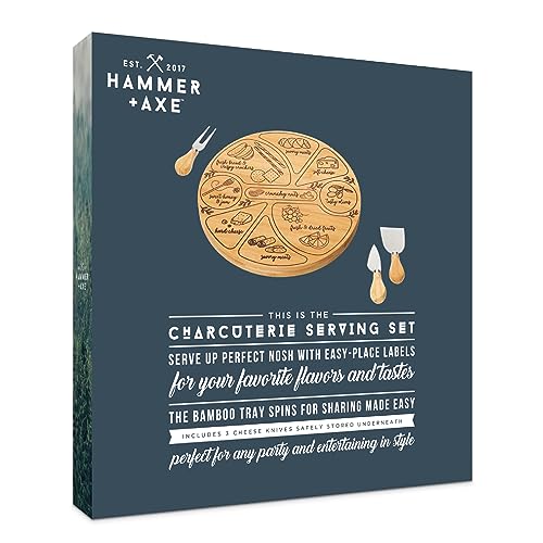 Hammer + Axe Charcuterie Board Set, Round Lazy Susan Bamboo Tray with 3 Cheese Cutter Accessories, Wooden Meat & Cheese Board, Housewarming Gift