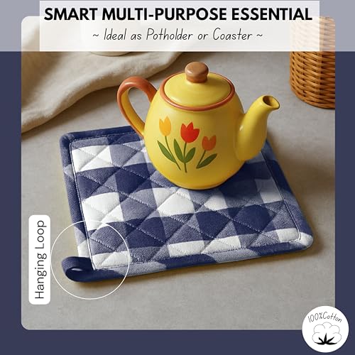 Native Fab Buffalo Plaid Check Oven Mitts and Pot Holders Set of 4, 100% Cotton Heat Resistant Kitchen Gloves, 2 Oven Mitts (7x13), 2 Pot Holders (8x8) for Cooking & Baking, Navy White - color: Buffalo, Navy Blue