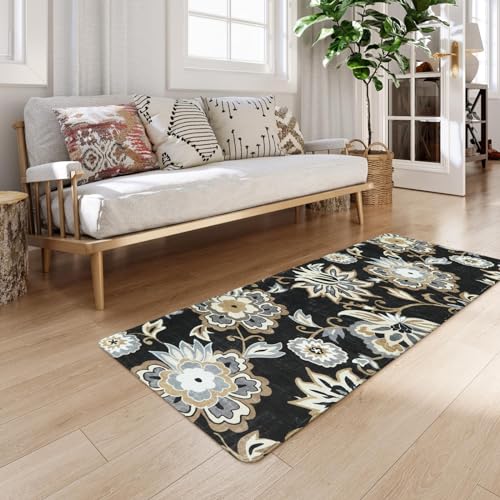 Lahome Floral 2x5 Washable Rug Runner - Black Entryway Kitchen Runner Rug Non-Slip Ultra-Thin Stain Resistant, Paisley Print Accent Carpet for Hallway Bedroom Laundry Living Room | Non-Slip Ultra-Thin Stain Resistant Paisley Print Accent Carpet for Hallwa