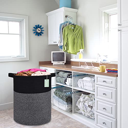 Cotton Rope Blanket Basket, 72L Tall Laundry Hamper, Black & Gray | 16"x 22", Large Collapsible Woven Nursery Hamper with Sturdy Handles for Clothes Toys Towels, Bedroom Living Room Bathroom - color: Black & Gray, size: 72L (16"x22")