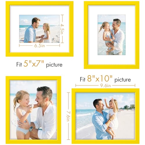 Vittanly Solid Wood 8x10 Picture Frames Set of 4, Yellow | 5x7 Picture Frame with Mat, Gallery Wall Frame Set, 8 x 10 Frame for Wall & Tabletop Display, Family, Pet, Christmas - color: Yellow, size: 8x10