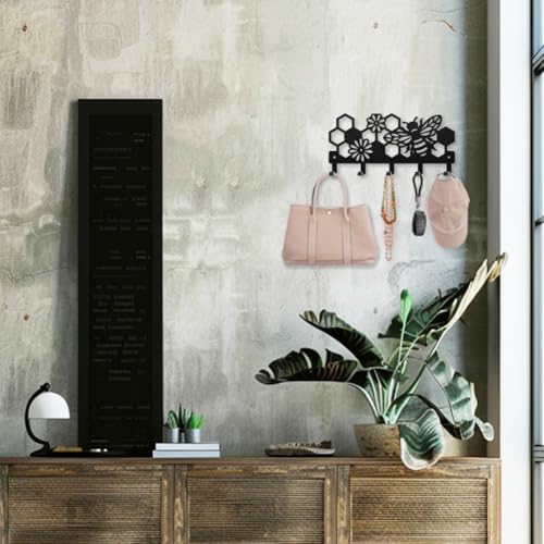 MAYJOYDIY Bee Beehive Metal Key Hook Honey Bee Flowers Coat Rack Wall Mounted 9.8×4.7inch Honeycomb Insect Black Art Key Holder with 5 Hooks for Gift Kitchen Bathroom Clothes Storage - style: Bee Beehive