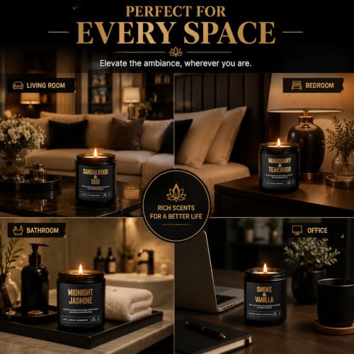 Candles Gifts for Men, 4-Pack Scented Candles, 36 oz, Birthday Gift Set | Up to 200 Hours Total Burn Time, Mahogany Teakwood, Smoked Vanilla, Midnight Jasmine & Sandalwood Oud - color: 4 Pack Black Candles