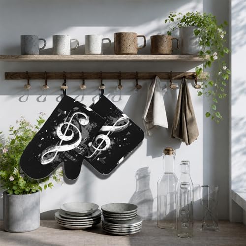 Black Notes Oven Mitts and Pot Holders Sets Non-Slip Silicone Surface for BBQ Gloves,Kitchen,Cooking,Baking,Grilling,BBQ - color: Black Notes