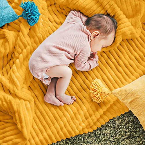 DISSA Fleece Blanket Throw Size – 51x63, Yellow Soft, Plush, Fluffy, Fuzzy, Warm, Cozy Perfect for Couch, Bed, Sofa - with Pompom Fringe Flannel - color: Yellow, size: 51x63"