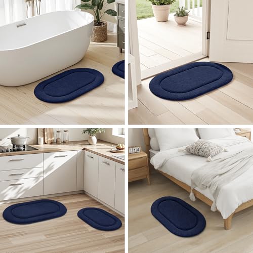 HOMEIDEAS Navy Blue Oval Bathroom Rug Sets 2 Piece 20" x 32" + 16" x 24" | Microfiber Bath Mats, Non-Slip TPR Backing, Ultra Absorbent & Quick Dry, Machine Washable for Bathroom, Shower, Tub - color: Navy Blue