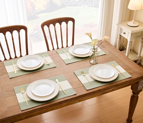 Wracra Linen Placemats, 12 x 18 Inch Set of 4 Placemats, Farmhouse Macrame Place Mats for Kitchen Table and Heat Resistant-Hemstitch Sage Green 4PCS - color: Sage Green, size: 12×18 Inch (Set of 4)