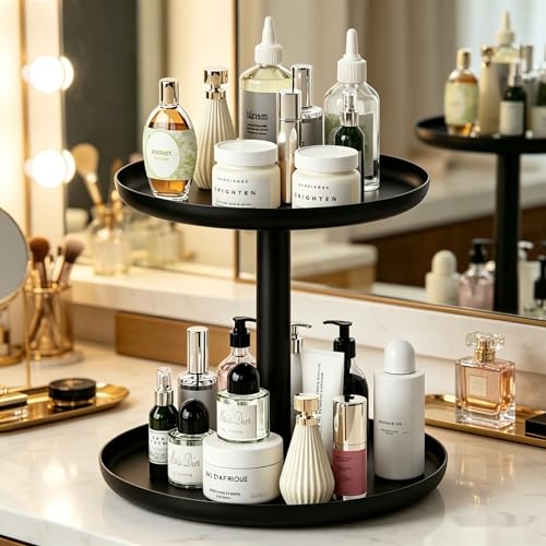 IBERG 2 Tier Lazy Susan Organizer, Rotating Spice Rack (Black)