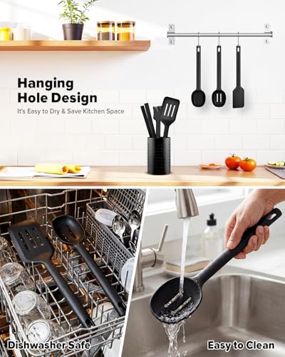 Silicone Kitchen Utensils Set, Heat Resistant Cooking Utensil with Spoon, Scraper, Spatula, Basting Brush & Tongs, BPA-free Non-stick Cookware for Frying, Basting, Serving, Grilling (6 Pack) (BLACK) - color: Black
