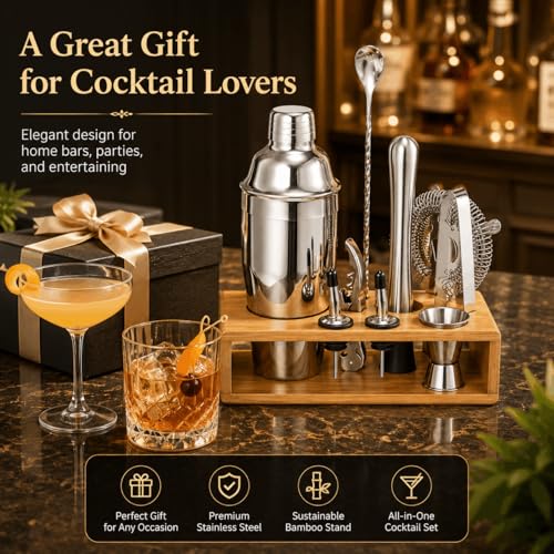 Cocktail Shaker Set, 18/8 Food-Grade Stainless Steel Mixology Bartender Kit 10-Piece Bar Tools with Stylish Bamboo Stand - Rust-Proof & Dishwasher Safe - Professional Martini Shaker Gift for Men, Dad