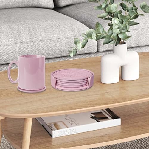 Coasters Set of 6 - PU Leather Coasters for Drinks with Holder - Pink - color: Pink