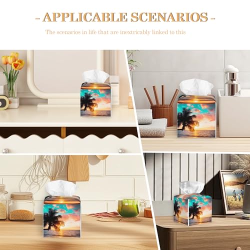 Sunset Beach Tissue Box Cover,Palm Tissue Box Holder Waterproof Leather Facial Paper Organizer Dispenser for Bathroom Home Car Nightstand Vanity - color: Sunset Beach Palm