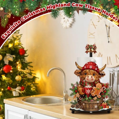 Highland Cow Christmas Paper Towel Holder with Round Base Christmas Bathroom Decor Rustic Highland Cow Dispenser Kitchen Paper Holder Stand for Countertop Toilet Home Accessories - style: Gingerbread Christmas