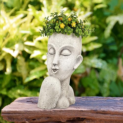 Face Head Planter Pots for Indoor Outdoor Plants Large Flower Pots Unique Succulent Planter with Drainage Hole Creative Lady Pot Resin Women Statue Vase Garden Decor- 11.4 x 8.7 x 5.5 Inch