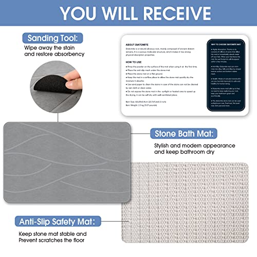 VEELOIM Stone Bath Mat, Diatomaceous Earth Shower Mat for Bathroom Grey | Fast Drying, Super Absorbent, Non-Slip Design, Easy to Clean, Natural Diatomaceous Earth - color: Line1-grey