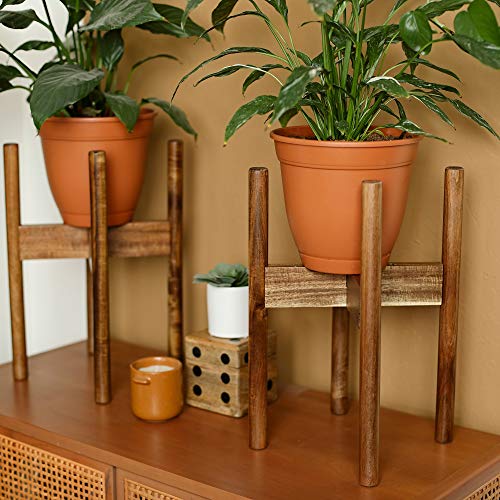 Adjustable Solid Acacia Wood Plant Stand for Indoor Plants, Fits 8-12" Pots | Furniture-grade solid acacia wooden plant stand with adjustable width to fit 8–12 inch pots - color: Hardwood