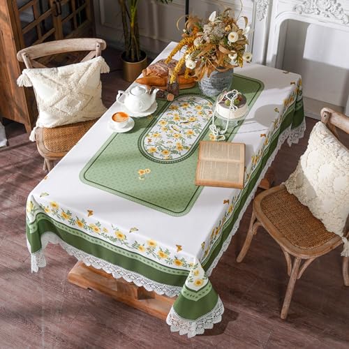 SUTAVIA Tablecloth Rectangular 60”x84” Green Printing Embroidery Lace | Farmhouse Summer Table Cloth Country Sunflower Bird Leaves Table Cover for Home Dining Table Holiday Garden - color: Green, size: 84" x 60" (Rectangular)