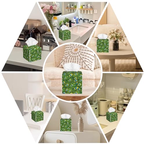 Leather Tissue Box Holder Peacock Feather Tissue Box Cover Facial Paper Case Organizer Cube Napkin Dispenser for Bathroom Vanity Countertop Night Stand Office Car - color: Peacock Feather