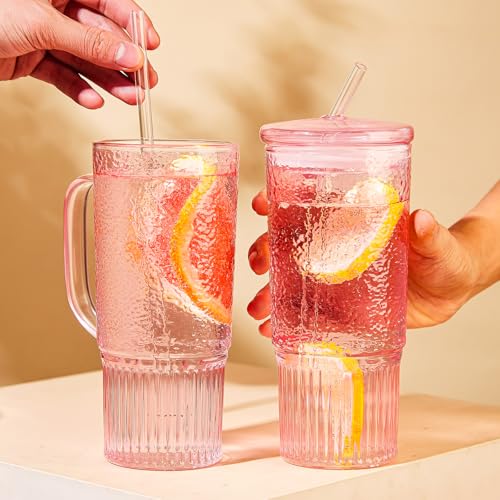 JunVpic Glass Tumbler, 24 oz Glass Cup with Lid, Straw and Handle | Pink glass design, Hammered Texture, reusable straw and lid for iced coffee, tea, smoothies and hot & cold drink - color: Pink, size: 24oz