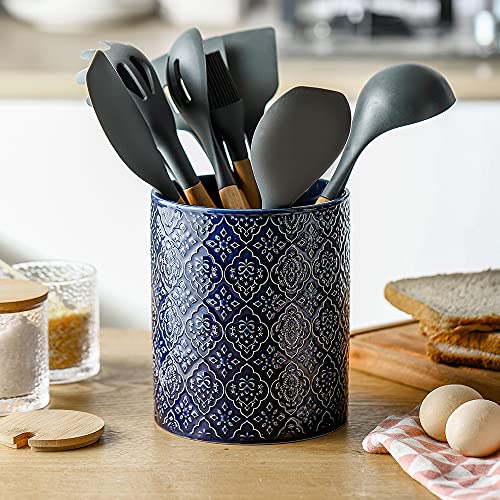 KOOV Kitchen Utensil Holder, Large Utensil Holders for Countertop, 6 x 7 Inches Ceramic Utensil Crock, Deep and Stable, Cooking Utensil Holder, Embossed Pattern (BLue) - color: BLue