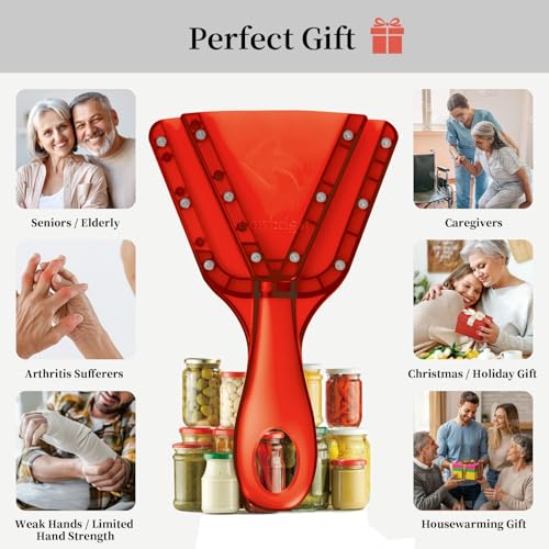 Jar Opener for Weak Hands & Seniors with Arthritis, Easy Twist-Off Lid & Bottle Opener, Ergonomic Handle with Stainless Steel Teeth, Practical Kitchen Gift for Elderly, Women & Men (0.2–5.3 in, Red) - color: Red