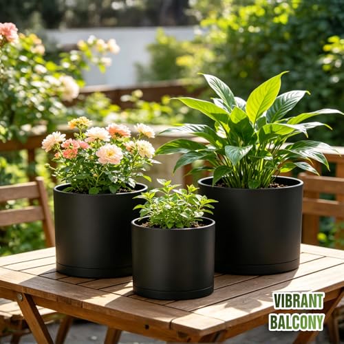 10/9/8 Inch Plant Pots 3 Pack, with Drainage Hole & Saucers | Cylindrical plastic planters with drainage holes & saucers. Modern matte finish, lightweight & durable for indoor/outdoor use - color: Matte Black