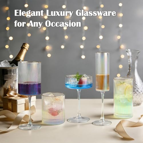 Joeyan Iridescent Gold Rim Ribbed Champagne Flutes Glasses Set of 2, 7oz Square Hand Blown Crystal Prosecco Glasses for Toasting, Sparkling Wine, Mimosas, Cocktails, Wedding, Party, Anniversary, Gift - color: Iridescent champagne glasses