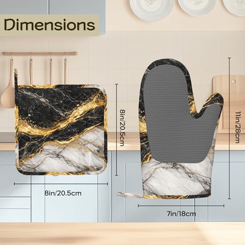 Black White Gold Flowing Marble Oven Mitts and Pot Holders Sets Silicone Kitchen Mitts Potholders Heat Resistant 4Pcs Oven Gloves Hot Pads for Kitchen Baking Cooking - color: Black White Gold Flowing Marble