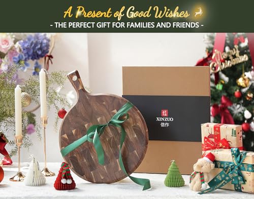 XINZUO Acacia Wood End-Grain Round Cutting Board with Handle for Kitchen Bread Pizza Cheese Fruit Charcuterie Serving Cutting Board, Two-sided Use, 16.7 x 12.5 x 0.75 inches - size: 16.7"L x 12.5"W
