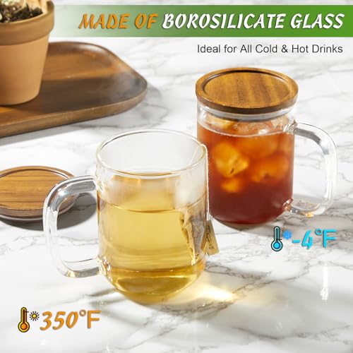 DRASTAR Glass Coffee Cups,12 oz Clear Coffee Mugs with Acacia Wood Lid,Flat Bottomed Coffee Mug with Handles,Tea Cup Set of 2 - size: 12 oz