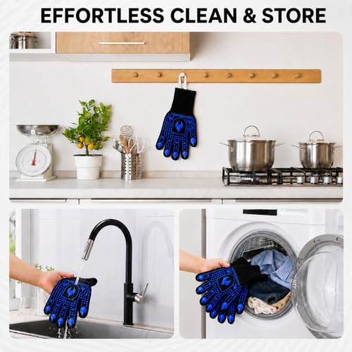 IGNISGUARD® BBQ Gloves, Heat Resistant Grill Gloves, 1 Pair, Blue (M) | EN407:2020 tested with textured silicone grip, three-layer construction and long knit cuff for added wrist coverage. - color: Blue, size: Medium