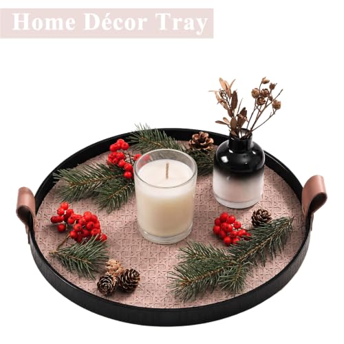 12 Inch Round Ottoman Tray, Woven Leather Decorative Tray,Brown | PU Leather Texture, Smooth Handles, Waterproof Surface, Easy Care Design, Coffee Table Accent, Living Room Home Decor