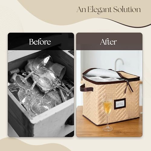 Wine Glass Storage Box with Dividers, Holds 12 Champagne Flute 3" Wide | 2 Pack, Stemware Storage Case, Protects Fine China, Durable Quilted Microfiber, Carry Handles, Ideal for Champagne Flute - size: Champagne Flute, style: 2 Pack